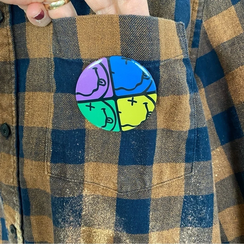 Nirvana Band Flannel Shirt Mens Unisex XL Shacket Buffalo Plaid Upcycled Brown - Picture 4 of 10